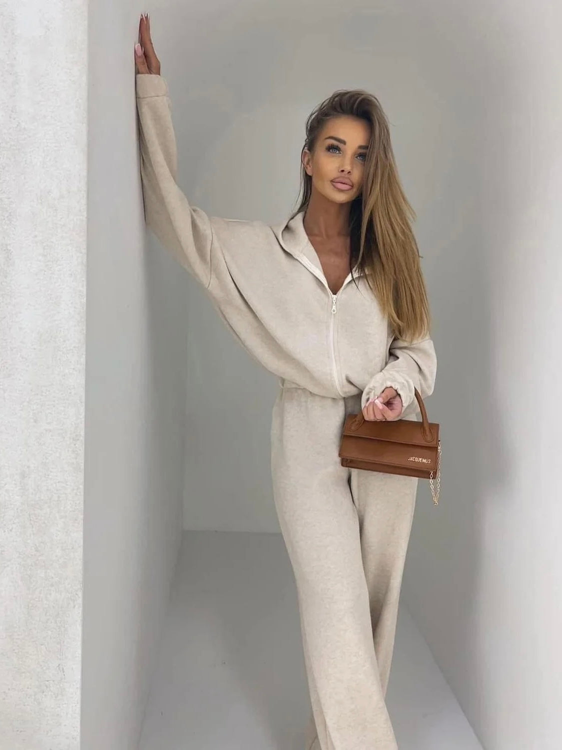 Komplet Agatha wełna- jasny beż